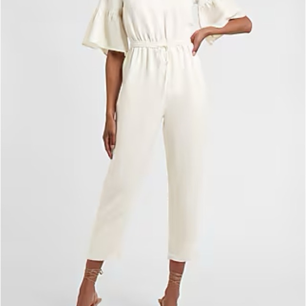 Express Cream Jumpsuit | LINEN-BLEND DRAWSTRING WAIST FLUTTER SLEEVE JUMPSUIT